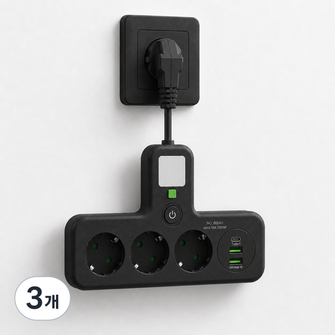 1PD+2USB T탭 멀티탭 콘센트 야간 무드등 안전도어 탑재, 3개, 블랙-3구, 5cm