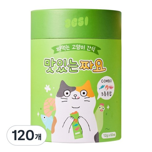3651 맛있는 짜요 짜먹는 고양이 간식, 닭가슴살, 연어, 참치, 12g, 120개