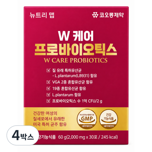 W 케어 프로바이오틱스 여성유산균 19종혼합유산균 30포, 4박스, 30회분
