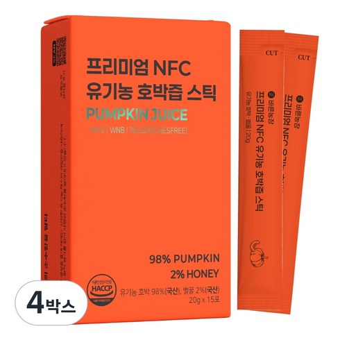 국내산 유기농 호박즙 물 한방울 넣지않은 진한 바른농장 NFC착즙, 4박스, 300g
