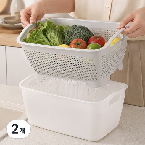 물빠짐 채반 플라스틱 소쿠리 바스켓 대용량 과일 야채 세척볼, 2개, 화이트&그레이