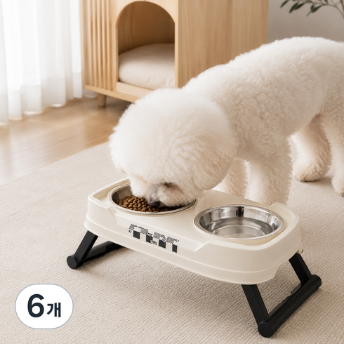 상덕 강아지 고양이 접이식 높은 급식대 스테인리스 2구 반려동물 식기, 6개, 아이보리