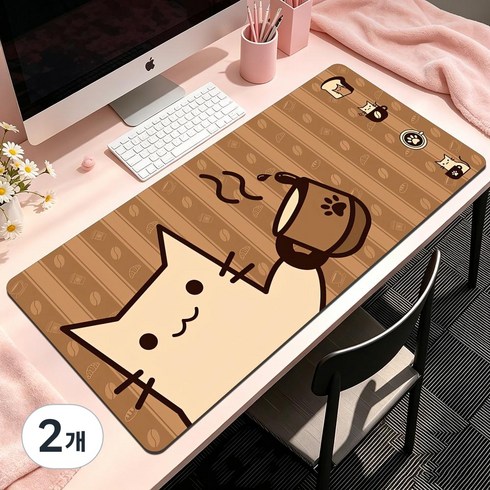 고양이 대형 미끄럼 방지 게임 마우스패드 400X900X3MM, 2개, 커피 고양이