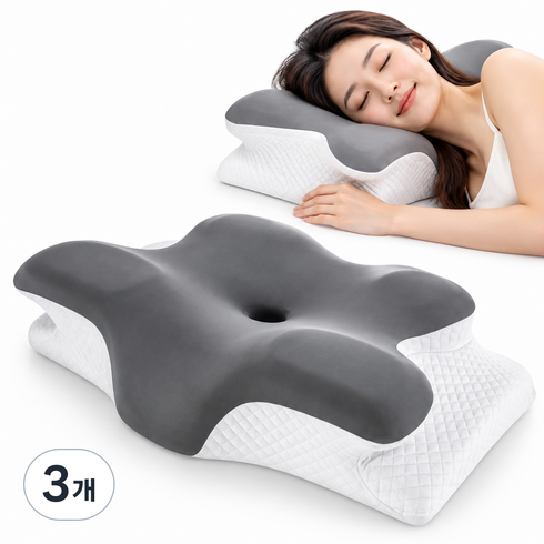 SOLEV 옆으로자는 메모리폼 목편한 경추베개 빨아쓰는, 3개, 그레이