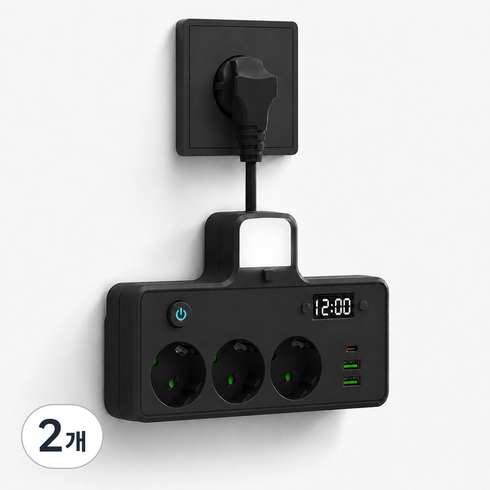 1PD+2USB T탭 다기능 확장형 멀티탭 안전도어 야간 무드등 탑재, 2개, 블랙-3구, 10cm