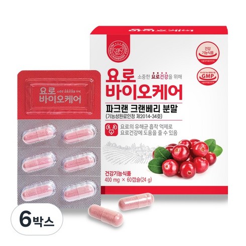 요로건강 파크랜 크랜베리 방광 영양제 유해균 흡착 억제 여성 임산부 남성 건강 요로바이오케어 60캡슐 1개월, 6박스, 60정