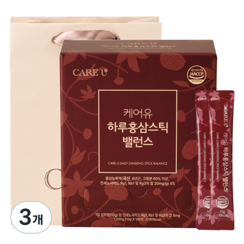케어유 고려 홍삼스틱 국내산 6년근 실속형 대용량 하루 밸런스+쇼핑백, 30회분, 3개