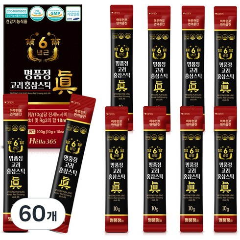 명품정 6년근 고려 홍삼 스틱 진 실속형 1포당 진세노사이드 18mg, 10g, 60개
