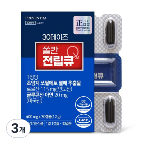 프리벤트라 30데이즈 쏠칸 전립큐 초임계 쏘팔메토 글루콘산 아연, 3개, 30정