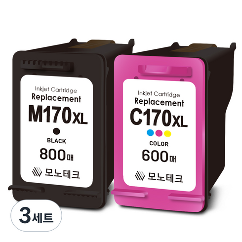 800매 특대용량 모노테크 삼성 호환잉크 세트 INK-M170 C170 XL, 검정+컬러, 3세트