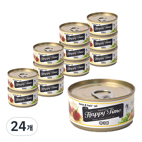 해피타임 고양이 캔 간식, 헤어볼, 80g, 24개