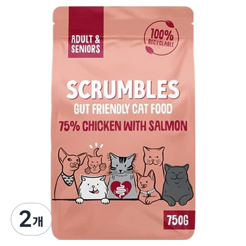 스크럼블즈 어덜트 앤 시니어 고양이 컴플리트 건식사료, 연어, 750g, 2개