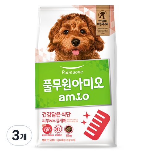 풀무원아미오 강아지 건강담은 식단 기능성 사료, 피부/피모, 1kg, 3개