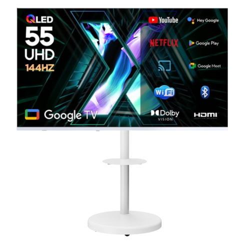 이노스 4K UHD QLED X55 PRO 퀸텀 스마트 AI 구글 3.0 화이트에디션 TV + 대형 무빙 TV 스탠드 삼텐바이미 화이트 세트, 139.7cm(55인치), X55QLED PRO, FS-30, 고객직접설치