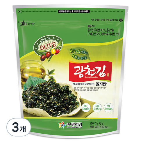 광천김 올리브 녹차 돌자반, 70g, 3개