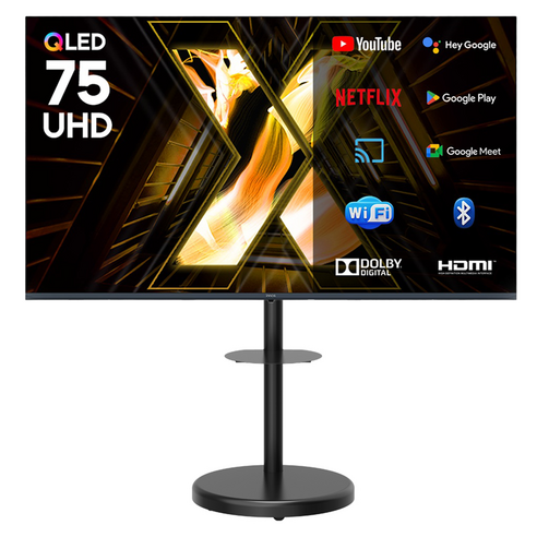 이노스 4K UHD QLED 퀀텀 스마트 Ai 구글 3.0 TV + FS-30 대형 무빙 TV 스탠드 블랙 세트, 190.5cm, X75 QLED, 이동형 스탠드, 방문설치