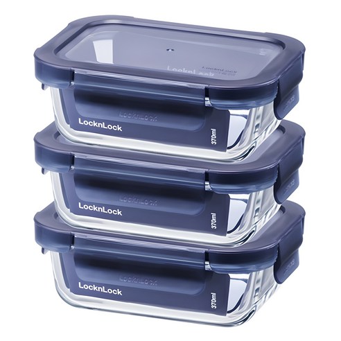 락앤락글라스 인디고 직사각 밀폐용기, 370ml, 3개