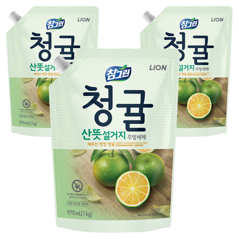 참그린 청귤 산뜻 설거지 주방세제 리필, 970ml, 3개