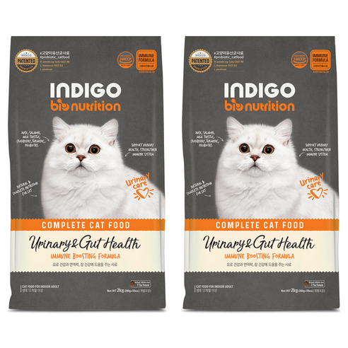 INDIGO 전연령 고양이 바이오뉴트리션 면역앤 기능성 사료, 유리너리+장건강, 2kg, 2개