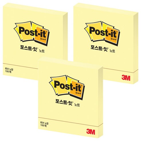 포스트잇 노트 접착메모지 654, 노랑, 100매, 3개