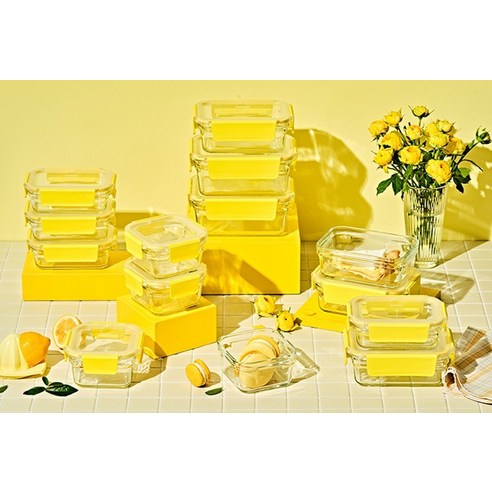 주방의 생기를 더하는 글라스락 퓨어 레몬 옐로우 밀폐용기 14종 세트