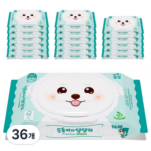 순둥이 반려동물 순둥이와 댕댕이 프리미엄 그린 중성 물티슈 휴대용, 16개입, 36개