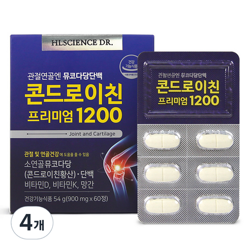 에이치엘사이언스 관절연골엔 뮤코다당단백 콘드로이친 프리미엄 1200, 60정, 4개