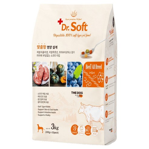 더독 강아지 전연령용 닥터 비프 소프트 사료, 소, 3kg, 1개