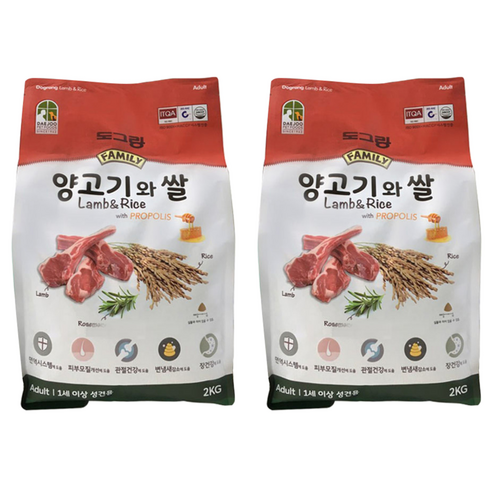 도그랑 어덜트 강아지 훼미리 건식사료, 양+쌀, 2kg, 2개