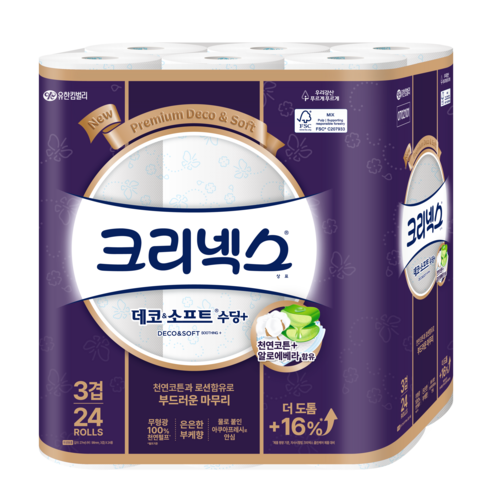 크리넥스 데코 앤 소프트 수딩플러스 천연펄프 3겹 고급롤화장지 이미지 2