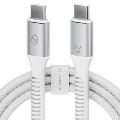 신지모루 C타입-C타입 우븐 60W PD 초고속 충전 케이블 + 단자 보호캡 + 케이블 스트랩, 화이트, 1개, 0.5m