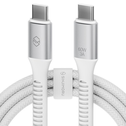 신지모루 C타입-C타입 우븐 60W PD 초고속 충전 케이블 + 단자 보호캡 + 케이블 스트랩, 화이트, 1개, 1m