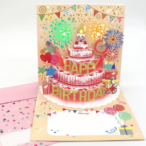 마음담아 LED 입체 팝업 3D 생일 축하 멜로디 카드 + 봉투 세트, 딸기 케이크, 1세트