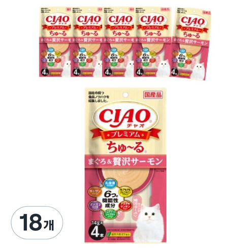 챠오츄르 고양이 프리미엄 짜먹는 간식 4p, 혼합맛(참치/제이타크 연어), 56g, 18개
