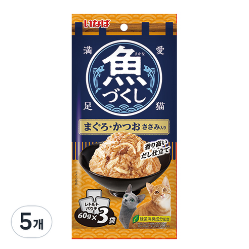 이나바 고양이 생선 가득 파우치, 혼합맛(참치/가다랑어/닭가슴살), 180g, 5개