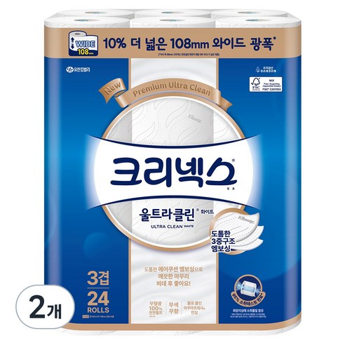 크리넥스 3겹 울트라클린 화이트 와이드 화장지, 30m, 24개입, 2개