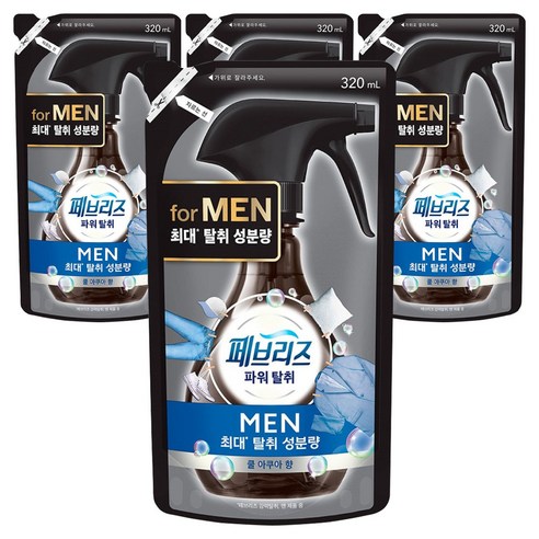 페브리즈 섬유 탈취제 맨 쿨 아쿠아향 리필, 320ml, 4개