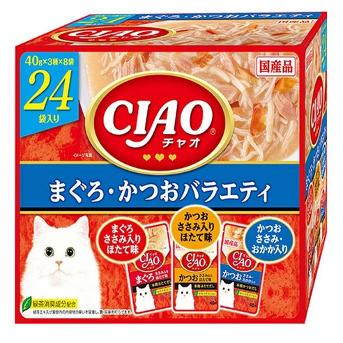 이나바 고양이 챠오츄르 버라이어티 간식, 혼합맛(참치/가다랑어), 40g, 24개