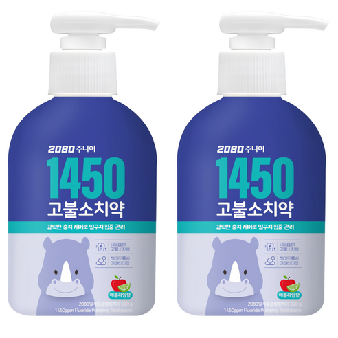 2080 주니어 1450 고불소 충치케어 펌핑치약, 220g, 2개