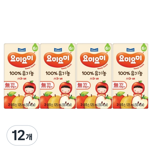 요미요미 100% 유기농 주스 사과 배, 125ml, 12개