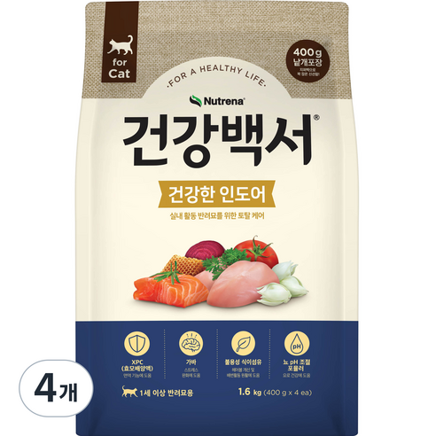 건강백서 고양이 기능성 사료, 인도어, 1.6kg, 4개