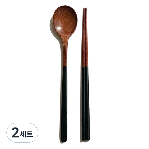 원형 4색 컬러 옻칠 원목 수저 세트, 블랙, 2세트, 숟가락 + 젓가락
