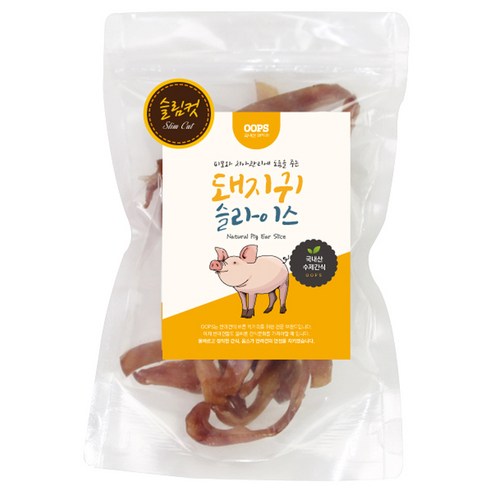 웁스 강아지 국내산 슬라이스 슬림컷 간식, 돼지귀, 60g, 1개