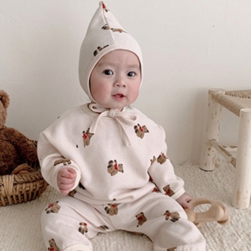 조이멀티 아동용 와플 곰돌이쿠키 상하복 보넷 세트