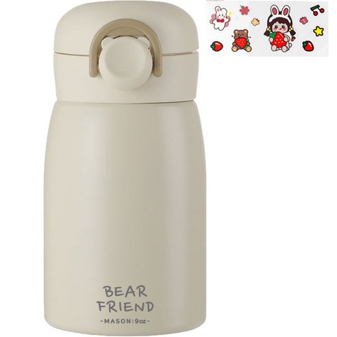 푸코 베어 프렌드 원터치 보온병 + 스티커 랜덤발송 세트, 베이지, 350ml, 1개