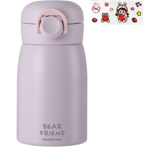 푸코 베어 프렌드 원터치 보온병 + 스티커 랜덤발송 세트, 퍼플, 350ml, 1개