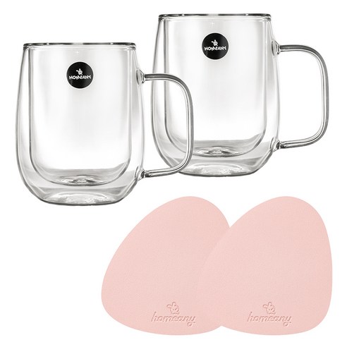 홈애니 돌체 이중 내열유리컵 300ml + 컵받침 세트, 투명(컵), 랜덤발송(컵받침), 2세트