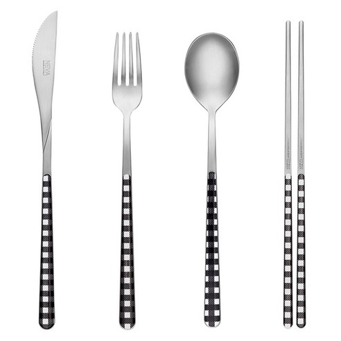 네바 커트러리 체크 풀세트, 블랙, 스푼 + 젓가락 + 포크 + 나이프, 1세트