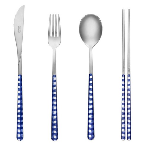 네바 커트러리 체크 풀세트, 블루, 스푼 + 젓가락 + 포크 + 나이프, 1세트