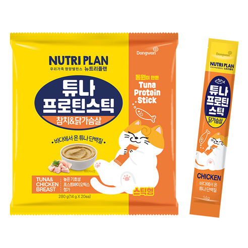 동원뉴트리플랜 고양이 튜나 프로틴 스틱, 혼합맛(참치/닭가슴살), 280g, 1개